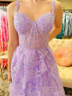 Lilac A Line Lace Prom Dress With Tiered Skirt And Slit