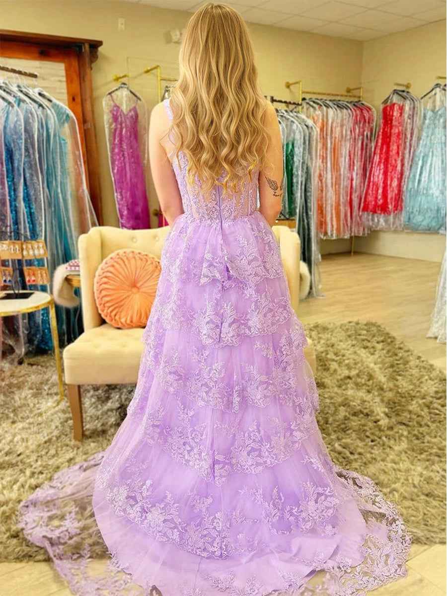 Lilac A Line Lace Prom Dress With Tiered Skirt And Slit