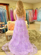 Lilac A Line Lace Prom Dress With Tiered Skirt And Slit