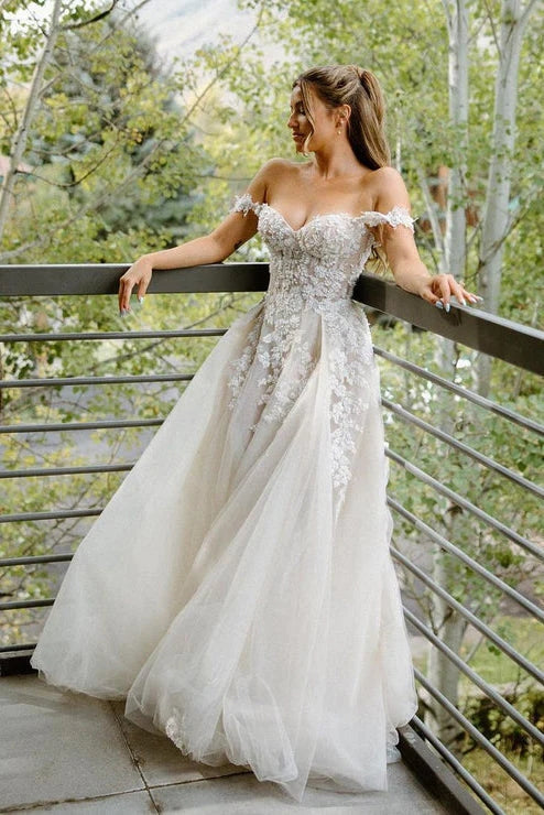 A Line Off the Shoulder Appliques Bohemian Wedding Dresses Bridal Gown