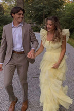 A Line Princess Tulle Layered Yellow Long Prom Dress