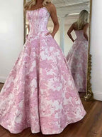 A Line Prom Dresses 3D Floral Strapless Beaded Rhinestone Gown