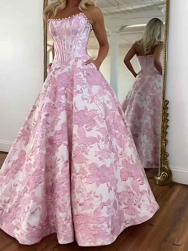 A Line Prom Dresses 3D Floral Strapless Beaded Rhinestone Gown