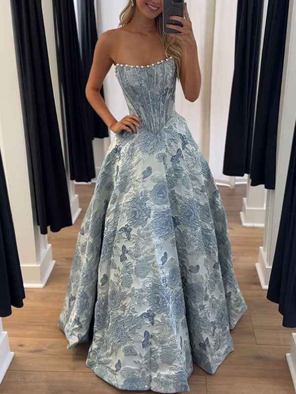 A Line Prom Dresses 3D Floral Strapless Beaded Rhinestone Gown