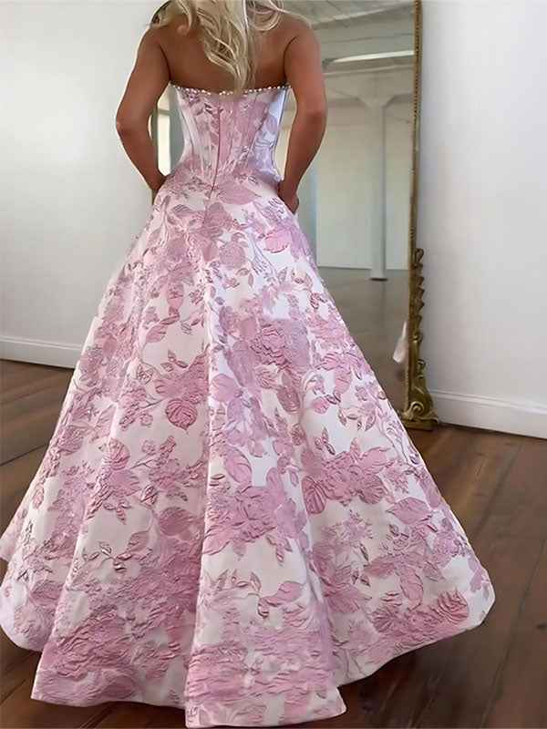 A Line Prom Dresses 3D Floral Strapless Beaded Rhinestone Gown