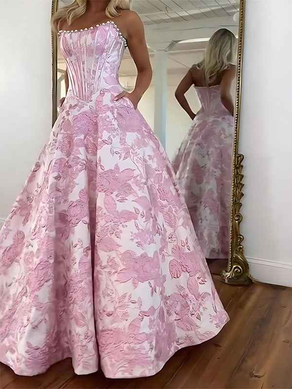 A Line Prom Dresses 3D Floral Strapless Beaded Rhinestone Gown
