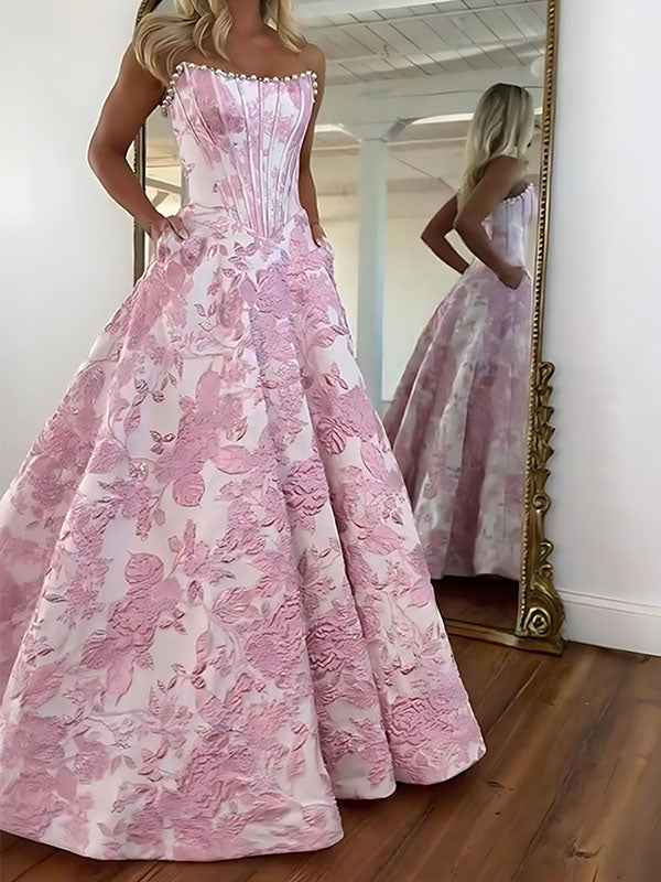 A Line Prom Dresses 3D Floral Strapless Beaded Rhinestone Gown