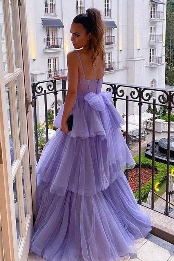 A Line Purple Tulle Long Prom Dresses Layered Evening Formal Dresses
