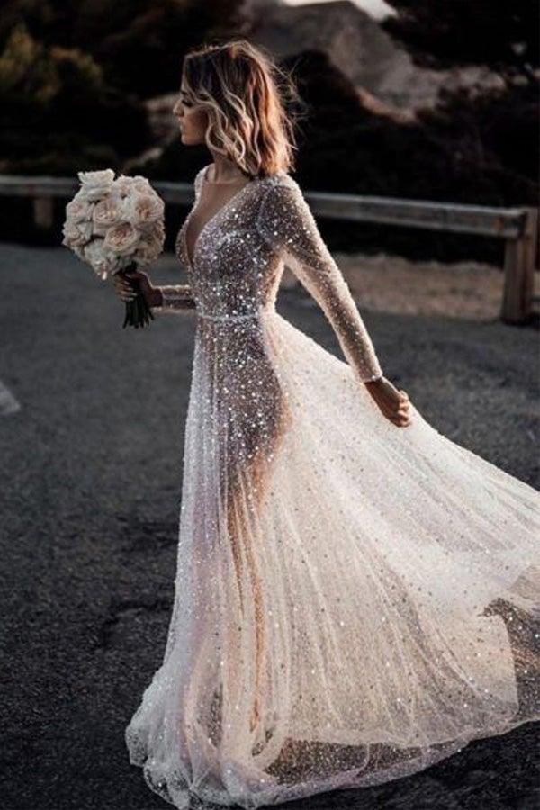 A Line See Through Deep V Neck Long Sleeves  Sparkly Wedding Dresses
