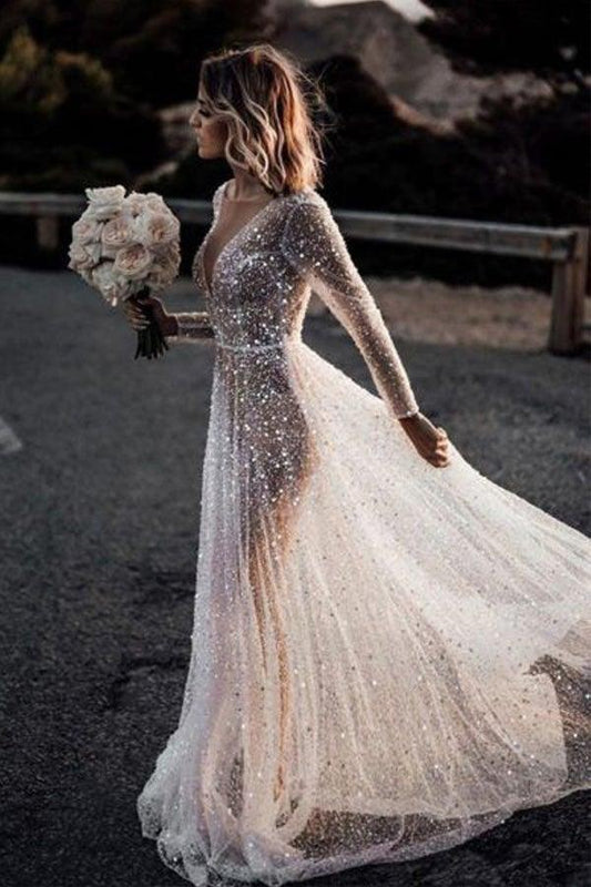 A Line See Through Deep V Neck Long Sleeves  Sparkly Wedding Dresses