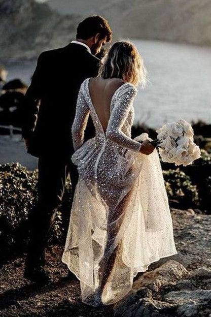 A Line See Through Deep V Neck Long Sleeves  Sparkly Wedding Dresses