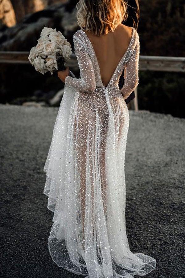 A Line See Through Deep V Neck Long Sleeves  Sparkly Wedding Dresses