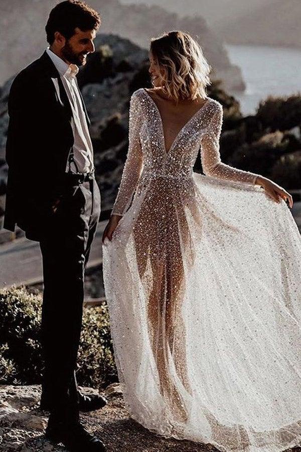 A Line See Through Deep V Neck Long Sleeves  Sparkly Wedding Dresses