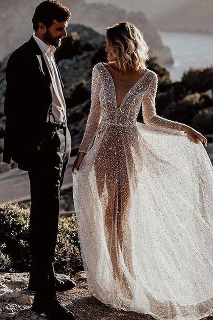 A Line See Through Deep V Neck Long Sleeves  Sparkly Wedding Dresses