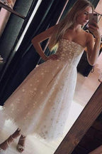 A Line Spaghetti Strap Tea Length Pearl Pink Homecoming Dress With Beading