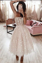 A Line Spaghetti Strap Tea Length Pearl Pink Homecoming Dress With Beading