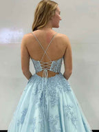 Light Blue A Line Prom Dress With Spaghetti Straps Corset Back Floral Appliques