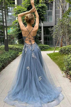 A Line Spaghetti Straps Corset Back Split Long Prom Dress