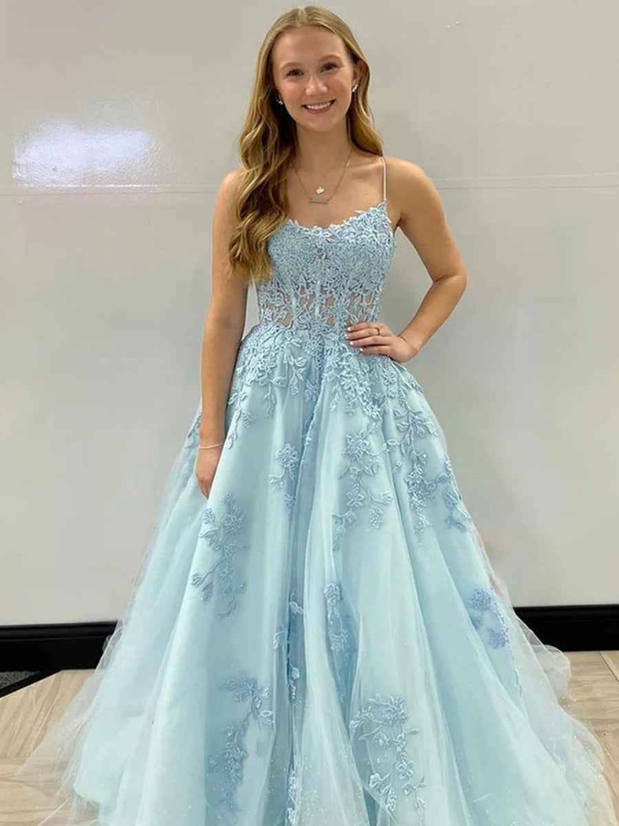 Light Blue A Line Prom Dress With Spaghetti Straps Corset Back Floral Appliques