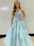 Light Blue A Line Prom Dress With Spaghetti Straps Corset Back Floral Appliques