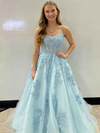 Light Blue A Line Prom Dress With Spaghetti Straps Corset Back Floral Appliques