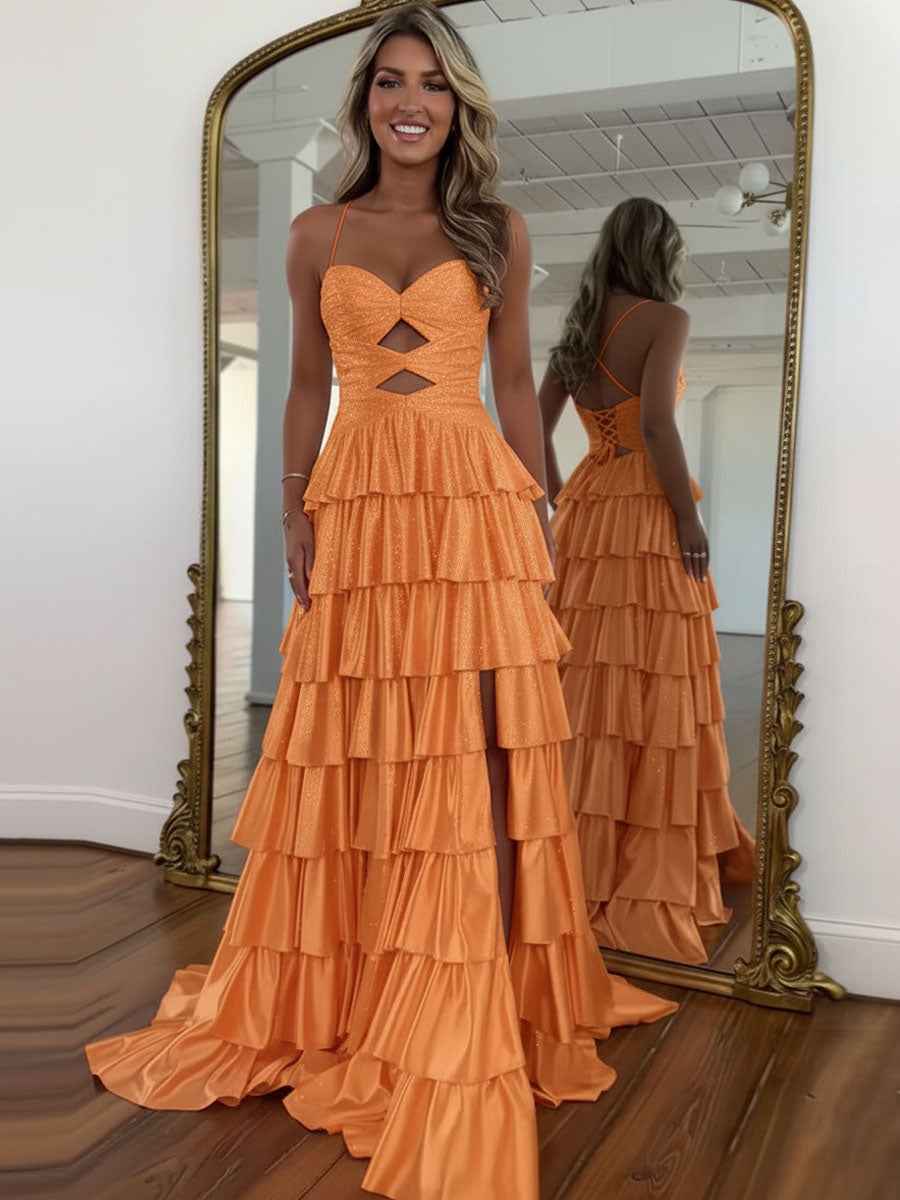 Orange A Line Satin Prom Dress With Spaghetti Straps Sweetheart Bodice Keyhole