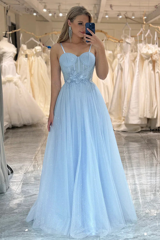 Vestido de fiesta azul brillante de tul con tirantes finos y corte en A PSK473