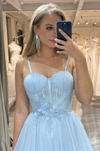 A Line Spaghetti Straps Tulle Blue Sparkly Prom Dress