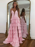 Pink Satin A Line Spaghetti Strap V Neck Long Prom Dress With Slit