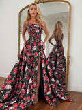 A Line Floral Satin Prom Dress With Corset Bodice Spaghetti Straps And Slit