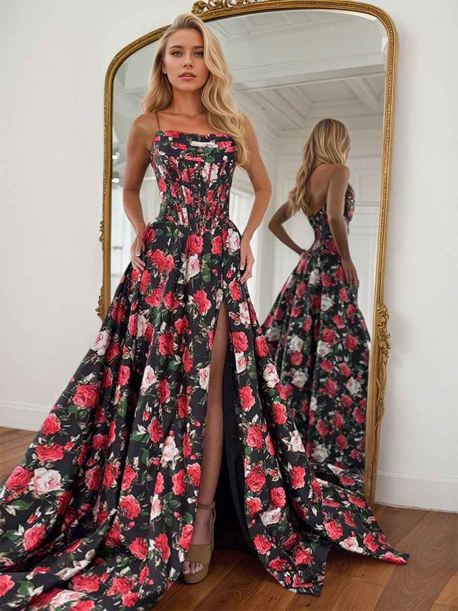 A Line Floral Satin Prom Dress With Corset Bodice Spaghetti Straps And Slit