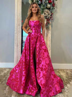 A Line Strapless Jacquard Satin Long Prom Dress With Pockets