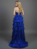 A Line Strapless Sweetheart Long Prom Dress With Keyhole And Pink Tiered Ruffles