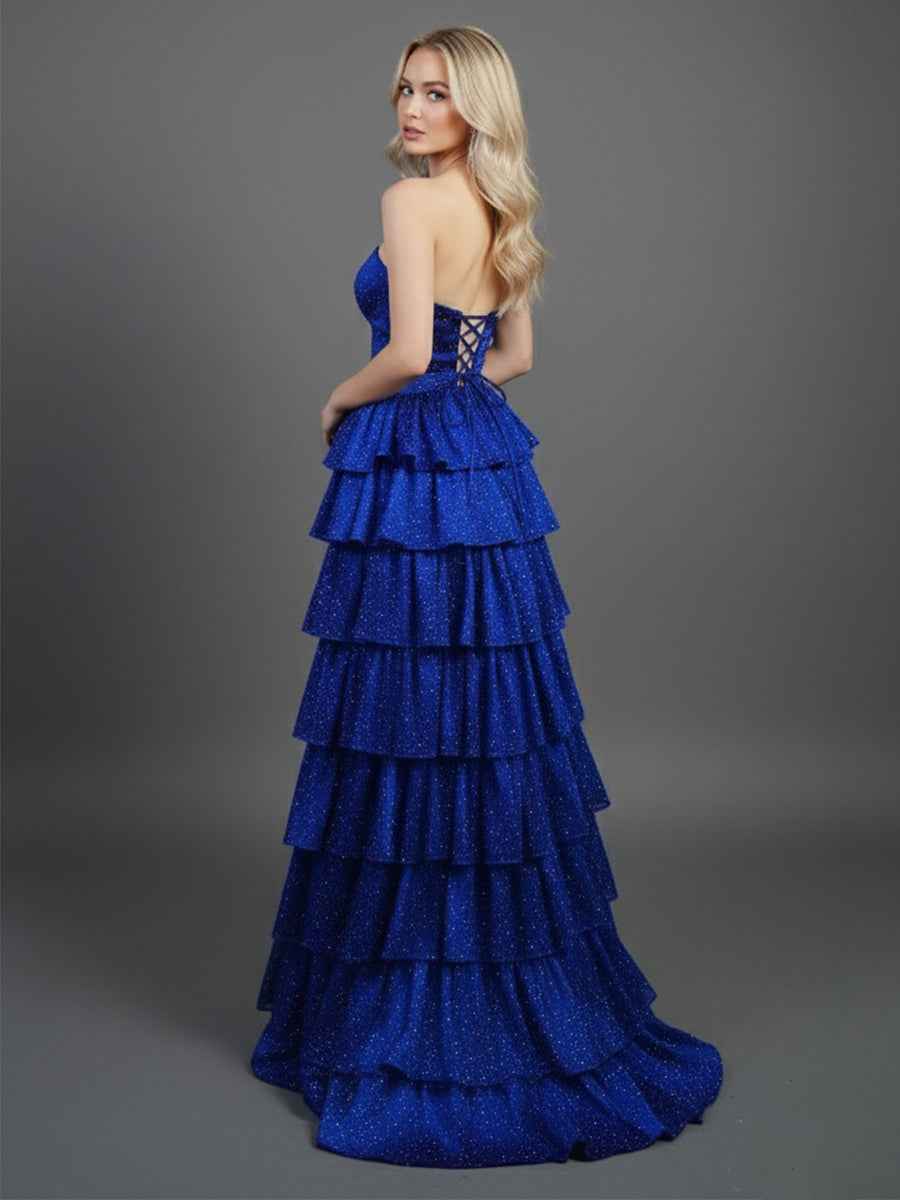 A Line Strapless Sweetheart Long Prom Dress With Keyhole And Pink Tiered Ruffles