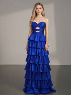 A Line Strapless Sweetheart Long Prom Dress With Keyhole And Pink Tiered Ruffles