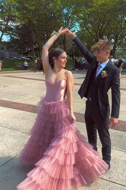 A-Linie Herzausschnitt Lagen Tüll Rosa Langes Ballkleid PSK600