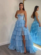 Strapless Sweetheart Beaded Tiered Chiffon Long Prom Gown