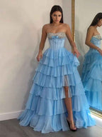 Strapless Sweetheart Beaded Tiered Chiffon Long Prom Gown