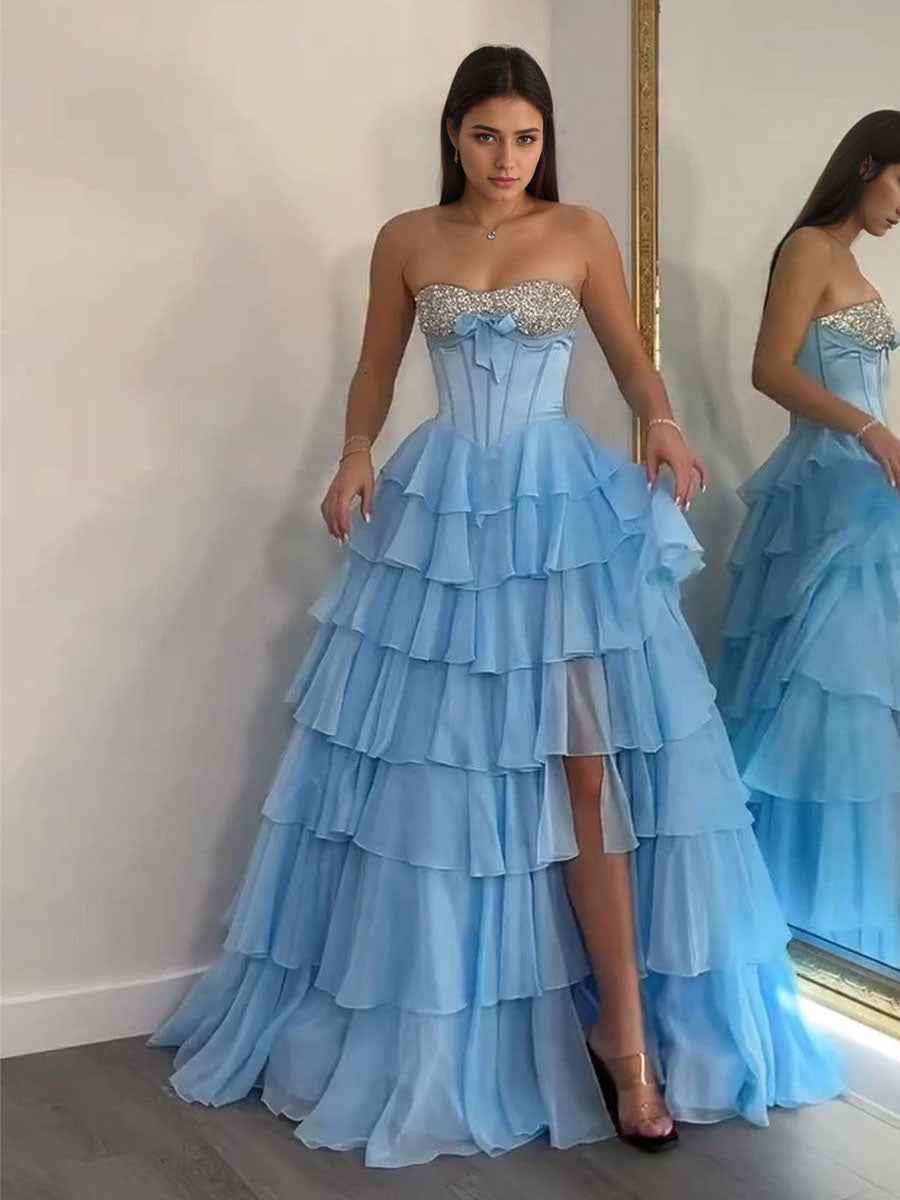 Strapless Sweetheart Beaded Tiered Chiffon Long Prom Gown