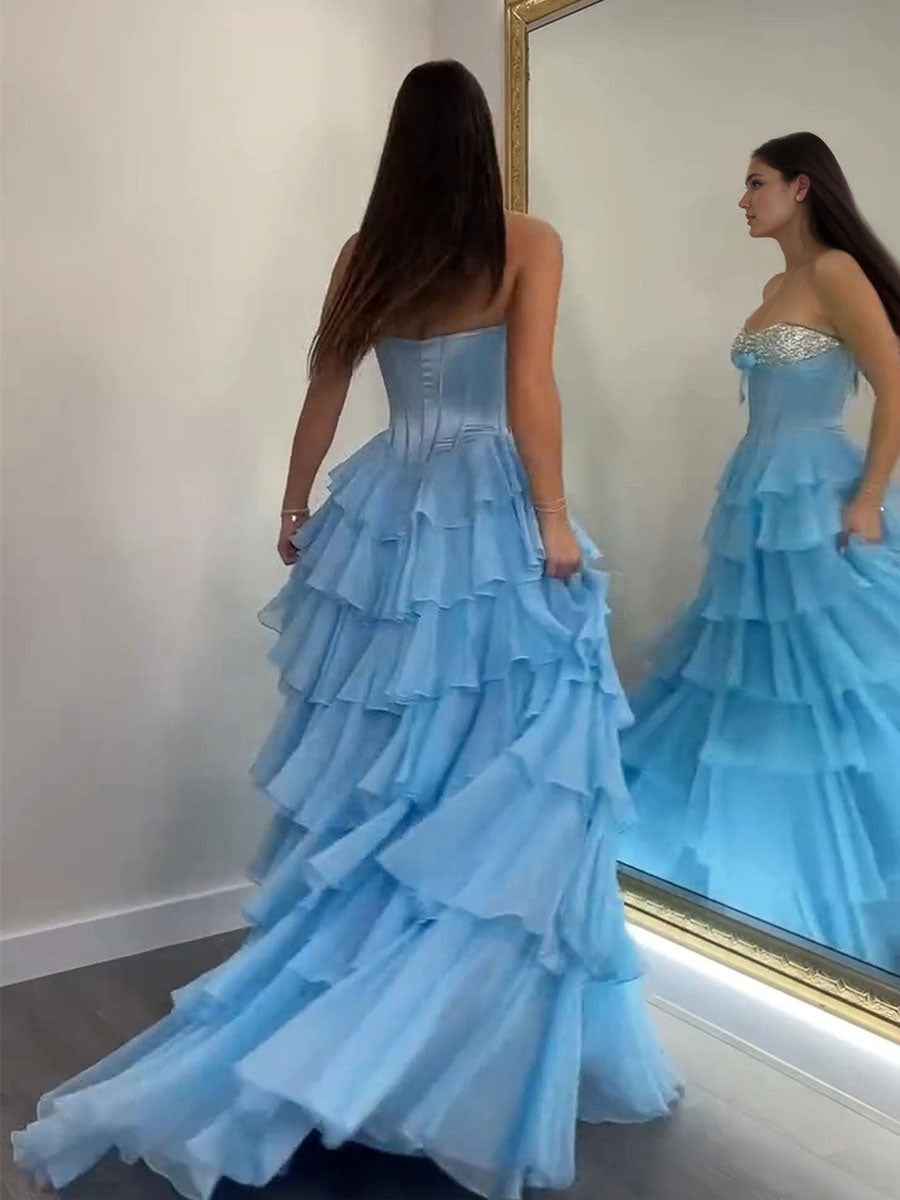 Strapless Sweetheart Beaded Tiered Chiffon Long Prom Gown