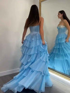 Strapless Sweetheart Beaded Tiered Chiffon Long Prom Gown
