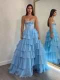 Strapless Sweetheart Beaded Tiered Chiffon Long Prom Gown