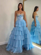 Strapless Sweetheart Beaded Tiered Chiffon Long Prom Gown