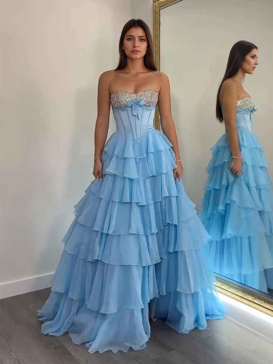 Strapless Sweetheart Beaded Tiered Chiffon Long Prom Gown