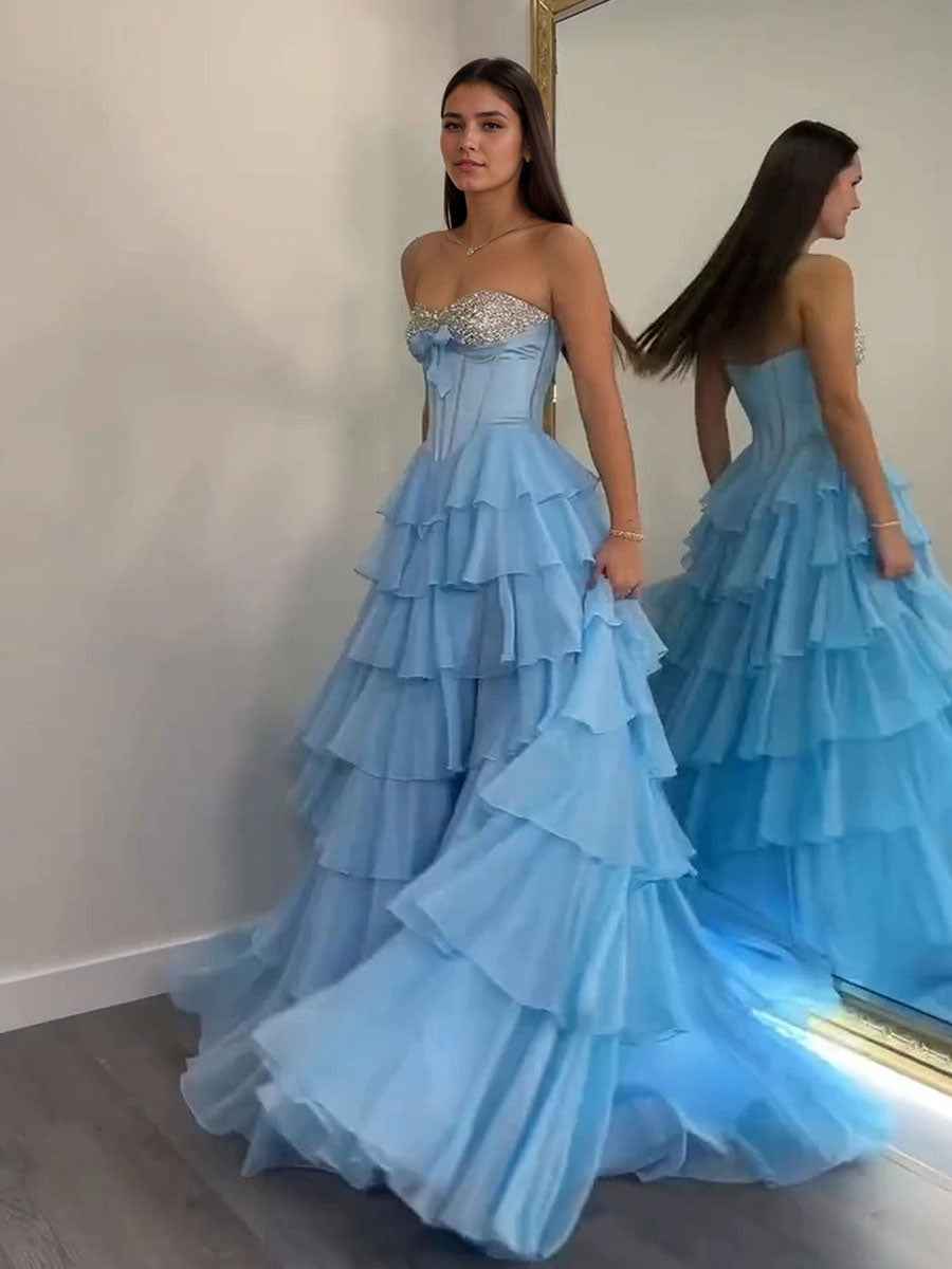 Strapless Sweetheart Beaded Tiered Chiffon Long Prom Gown