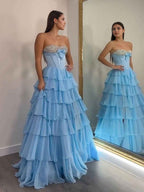 Strapless Sweetheart Beaded Tiered Chiffon Long Prom Gown
