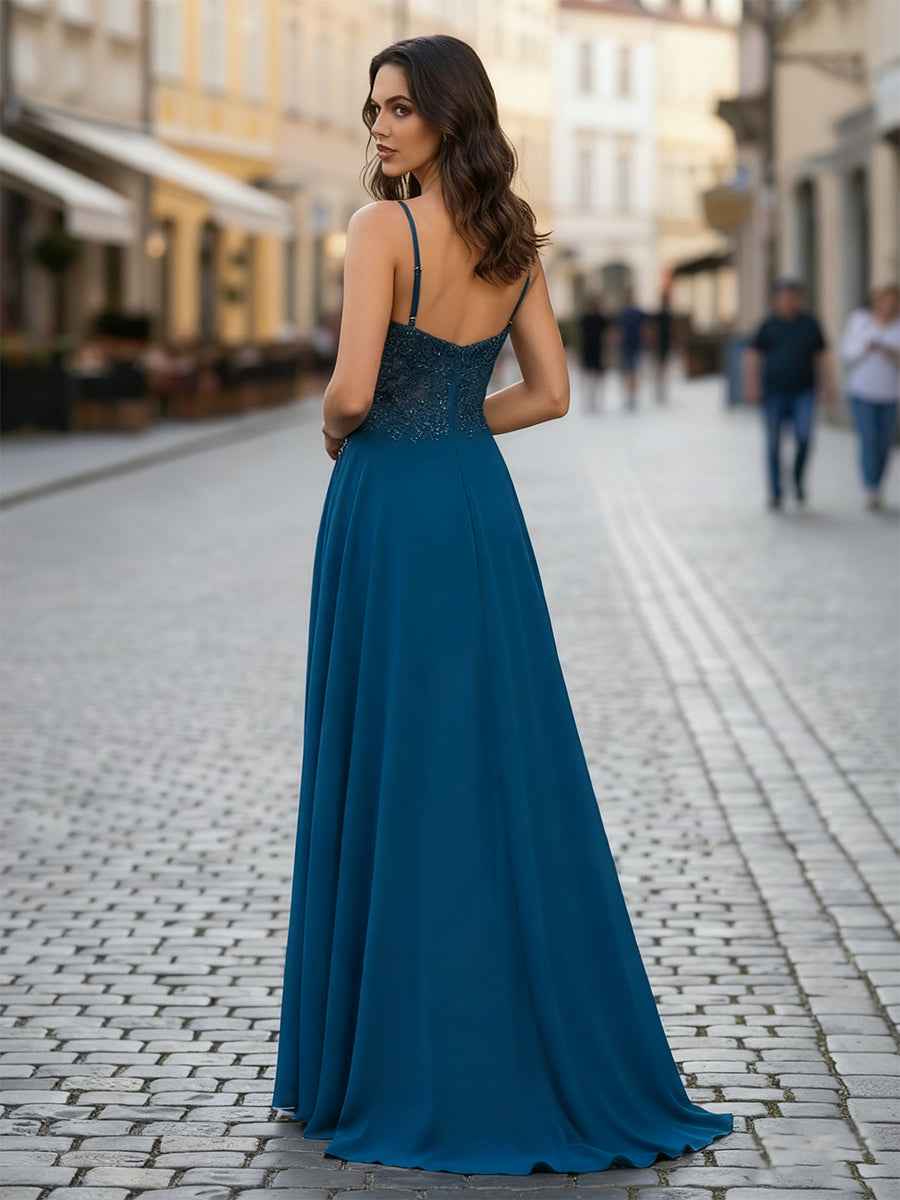 Teal V Neck A Line Chiffon Prom Dress Applique Sequin