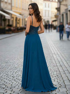 Teal V Neck A Line Chiffon Prom Dress Applique Sequin