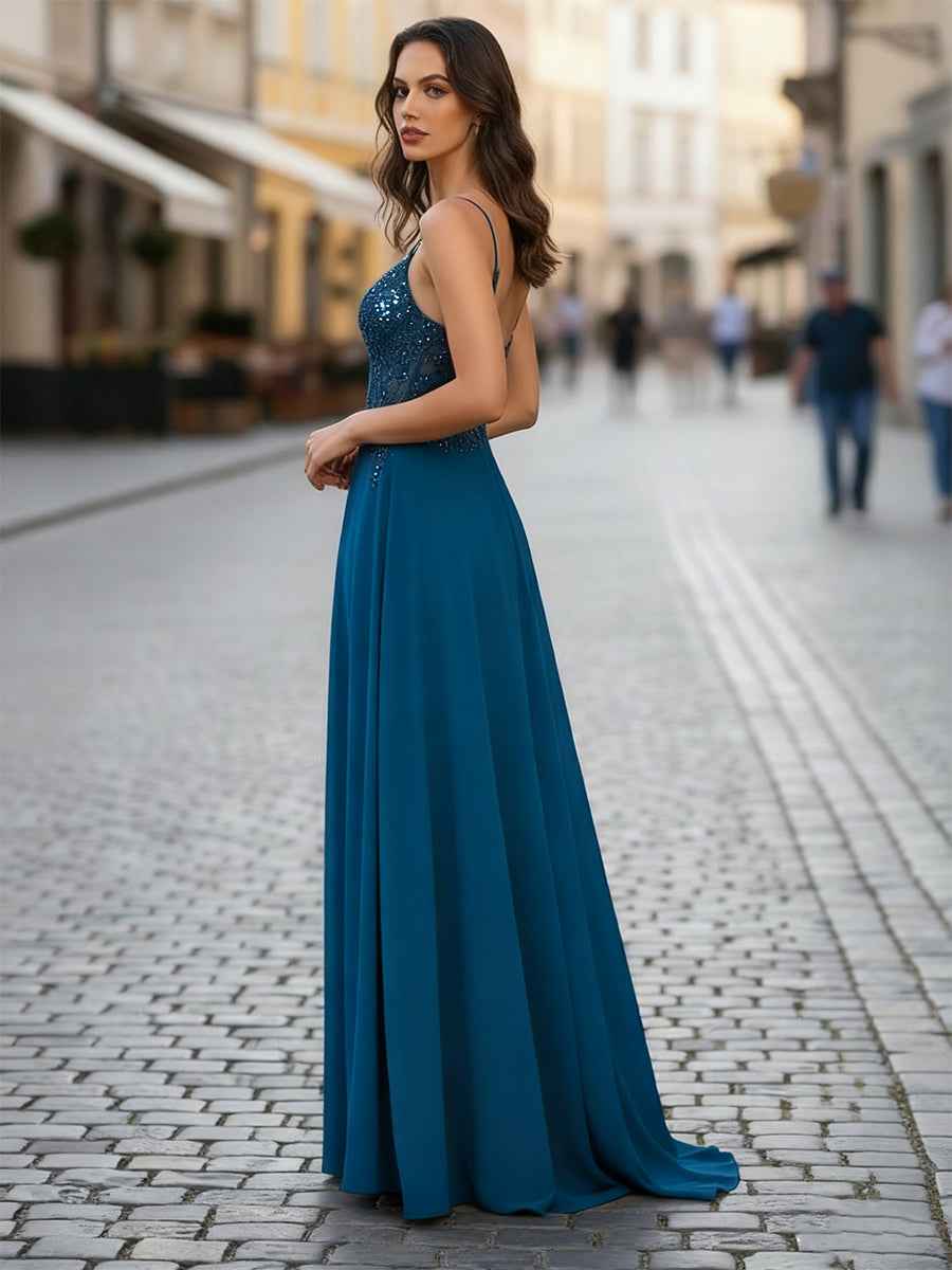 Teal V Neck A Line Chiffon Prom Dress Applique Sequin