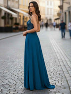 Teal V Neck A Line Chiffon Prom Dress Applique Sequin